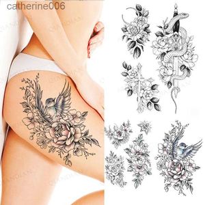 Tattoos Farbige Zeichnung Aufkleber Schwarze Blume Rose Wasserdicht Temporäre Vogel Schlange Sexy Körper Arm Bein Edelstein Henna Tattoo Mode Große Gefälschte Ärmel AufkleberL231128