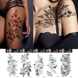 Tatouages autocollants de dessin colorés noir grand serpent fleur faux autocollant de tatouage pour les femmes point Rose pivoine tatouages temporaires bricolage transfert d'eau tatouages filles L231128