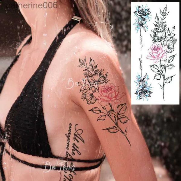 Tatuajes Pegatinas de dibujo de colores Color de tinta Tatuajes temporales de flores sexys para mujeres Chica Arte corporal Pintura Brazo Pierna Tatuaje Etiqueta Realista Falso Tatuaje impermeableL2