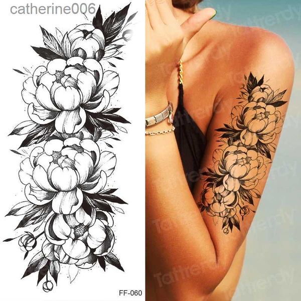 Tatouages autocollants de dessin colorés autocollant de tatouage femmes fleur rose pivoine noir tatouage temporaire femme manche temporaire tatouage imperméable sexy body art fashionL