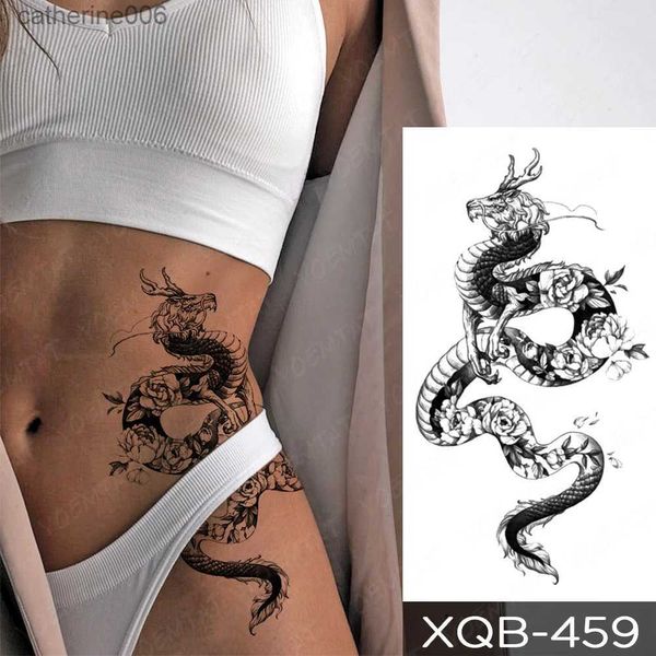 Tatouages Autocollants de dessin colorés Autocollant de tatouage temporaire imperméable Dragon noir Serpent Totem Pivoine Rose Fleur Flash Tatto Femmes Hommes Bras Body Art Faux TatouagesL231