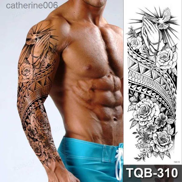 Tatouages colorés dessin autocollants imperméable temporaire tatouage autocollant Totem géométrique bras complet grande taille manches Tatoo faux tatouage flash tatouages pour hommes femmes boyL23