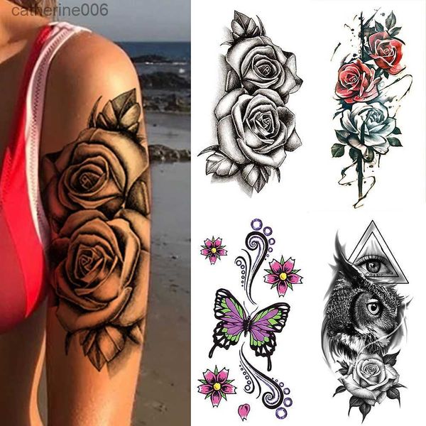 Tatuajes Pegatinas de dibujo de colores Etiqueta engomada del tatuaje temporal a prueba de agua 3D Encaje Rosa Flor Tatuajes Línea Loto Arte corporal Brazo Manga falsa Tatuaje Mujeres Hombres L231128