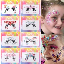 Tatouages colorés pour enfants maquillage autocollants Crystal Diamonds Gemone Girls Femmes Fêtes de vacances Party Self Adhesive Face Eye Tattoos