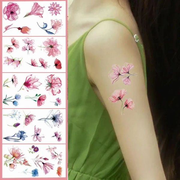 Tatouages aquarelle jetable aquarelle tatouage de tatouage de fleur de fleur de fleur fraîche et autocollant de tatouage de pétale anti-sueur.