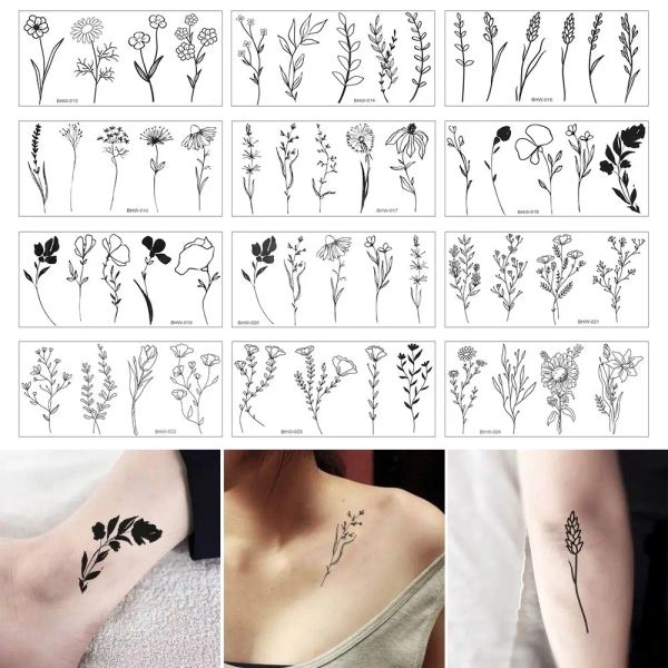 Tatuajes Fashion Waterproof Fake Tatature Tatature Varias de tatuajes fáciles de usar Flores en blanco y negro Tattoo Body