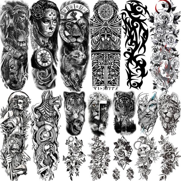 Tatouages ARM complet Sleeve de tatouages temporaires pour hommes femmes réalistes faux tatoos guerrier lion Tiger fleur tatoo autocollant noir totem maori