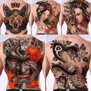 Tatoeages Volledige rug grote tijdelijke tattoo sticker heren Lion King Snake Dragon Ganesha Tiger Body Woman Waterdichte nep Tattoo Art