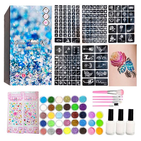 Kits de tatuajes con purpurina, 200 plantillas, kits de tatuajes temporales con flash de diamante con pinceles, conjunto de herramientas de arte para pintura corporal y facial para niños y adultos