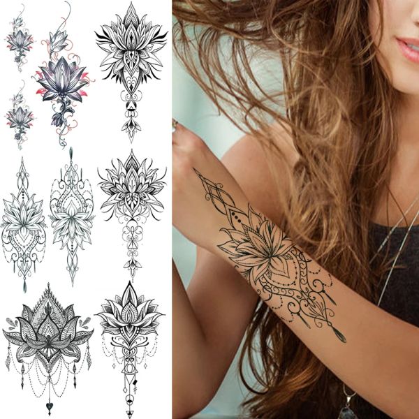 Tatouages Henna Lotus Tatouage temporaire pour femmes Fausses chaînes de bijoux Black Flower Corps Art Résumé Tatoo Sticker Transfer Girl Tatoo