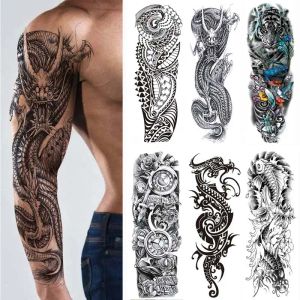 Tattoos heren tijdelijke tatoeages grote arm mouw tattoo sticker Dragon Tiger Fish Full Skull Totem Wolf Waterdichte nep Tatoo voor vrouwen