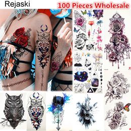 Tatouages Rejaski 100 pièces en gros Original tatouage temporaire Flash corps Art Rose Tatoo pour hommes femmes faux bricolage hibou henné tatouage autocollant