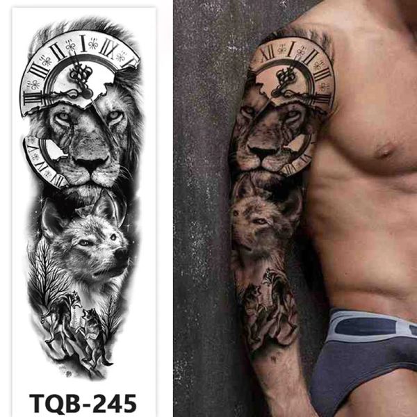 Tatuajes tatuajes temporales para hombre manga de brazo de gran tamaño pegatina de tatuaje arte del cuerpo del cuerpo del tatuaje falso para mujeres bosque negro tatoo lobo