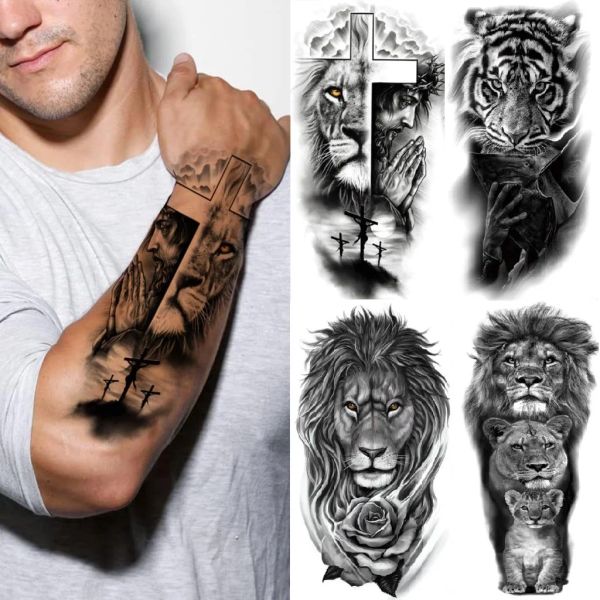 Tatouages étanche à tatouage temporaire étallant lion lion tigre ours flash tatouages femmes léopard loup couronne art art art arm faux tatoo hommes