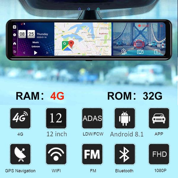 TAVIN 4G voiture DVR caméra Android 8.1 Dash cam 12 pouces rétroviseur wifi ADAS enregistreur vidéo FHD 1080P caméra de recul DVR