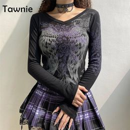 Tawnie Gedrukt Y2K Grap0hic Vrouwen T-shirts 2022 Lange Mouw T-shirt Fee Grunge Mode Crop Tops Herfst Vintage Kleding 220226