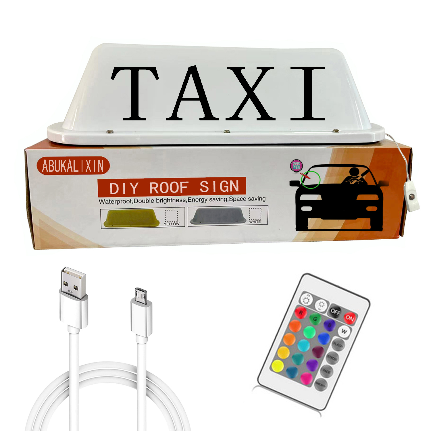 Taxi Sign Cab Top Light Roof Driver with USB Rechargeable Battery Magnetic Base Waterproof 24 Key IR Remote Controller Colorful Light White Shell