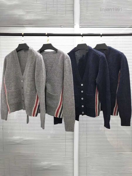 TB cachemire laine tricoté 2021 hiver/printemps pull épais 19ss gris Cardigan hommes et femmes ruban latéral Couple manteau