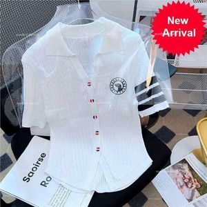 TB Micro Seal Dog Broidered Flip Collar White Ice Silk Silk Sleeve Couchée Tricots 2024 Été Nouveau T-shirt Top Slim Fit