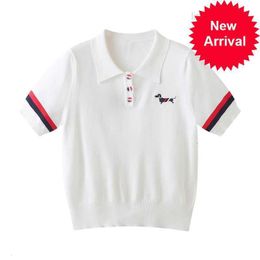 TB Puppy Jacquard College Style Four Bar gestreepte gebreide korte mouwen T-shirt dames 2024 Zomer dunne polo kraag top