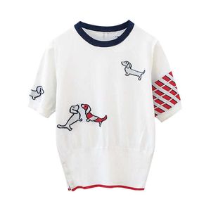 TB TB ZOER NIEUW NIEUWE CARTOON DOG JACQUARD CONTRAST RUND NEK Gebreide vrouwen S Cardigan Short Sleeve dunne top