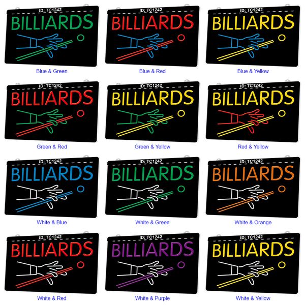 TC1242 Billard Pool Room Open Light Sign Gravure 3D bicolore