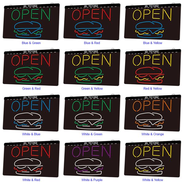 TC1352 Burgers Open Bar Light Sign Gravure 3D bicolore