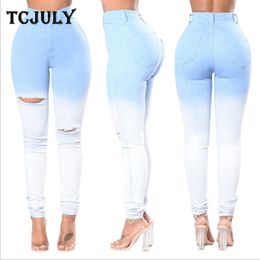 TCJULY nouveau bleu blanc dégradé jeans décontractés pour femmes trou déchiré maigre Push Up crayon pantalon taille haute Stretch Slim Jeans
