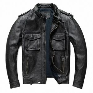 Tcyeek Vestes en cuir véritable pour hommes Vintage Couche supérieure Manteau en peau de vache pour hommes Fi Veste de moto pour hommes Vêtements d'automne et d'hiver C64L #