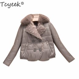 Tcyeek Caldo collo di pelliccia di volpe Giacca di pelle genuina Donna Inverno Piumino d'anatra bianco Cappotto di vera pelle di pecora Outwear femminile 5072M01 201020