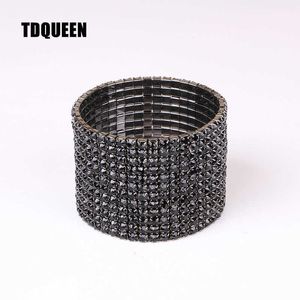 TDQueen 12 Rijen Zwart Crystal Rhinestone Bangle Armband Zwart Gun Plated Metal Breed Indian Armbanden voor Vrouwen Q0719