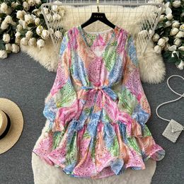 Robe à fleurs française à volants, pause thé, nouveau style haut de gamme rétro, jupe courte pour vacances en bord de mer, été