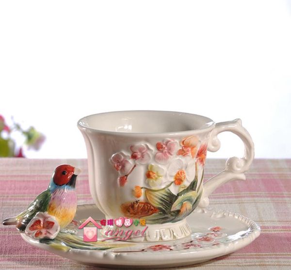 Thé café tasses en céramique oiseaux fleurs lait tasse décor à la maison artisanat salle mariage décoration porcelaine figurine artisanat tasse