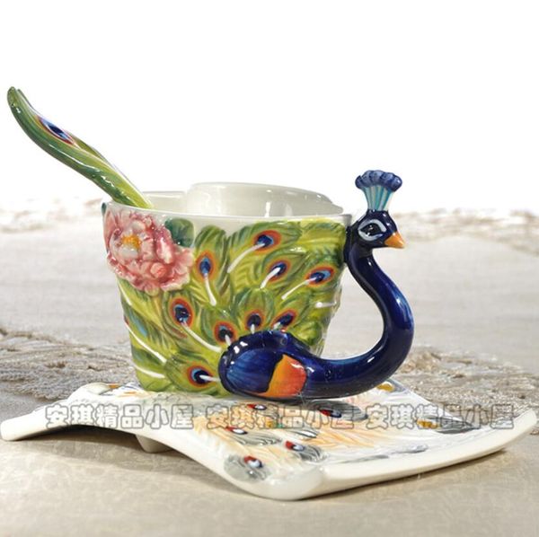 Tazas de té y café, cuchara de pavo real de cerámica, taza de leche, decoración para el hogar, habitación artesanal, decoración de boda, figurita de porcelana, taza artesanal