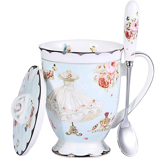 Ensemble tasse à thé, couvercle et cuillère, tasse à café en porcelaine fine Royal, 11oz, tasses à thé bleu clair, cadeau pour femme, coffret cadeau pour maman.