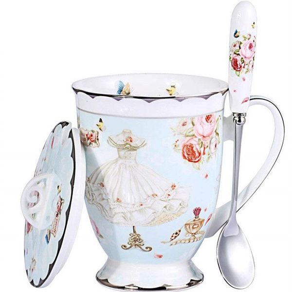 Ensemble tasse à thé, couvercle et cuillère, tasse à café en porcelaine fine Royal, 11oz, tasses à thé bleu clair, cadeau pour femmes, boîte-cadeau pour maman 267t