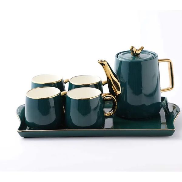 Tapot de té de té Juego de tetera con bandeja de copa de cerámica de cerámica de cerámica Regalo de Navidad para beber agua de agua con leche 40 oz 240411