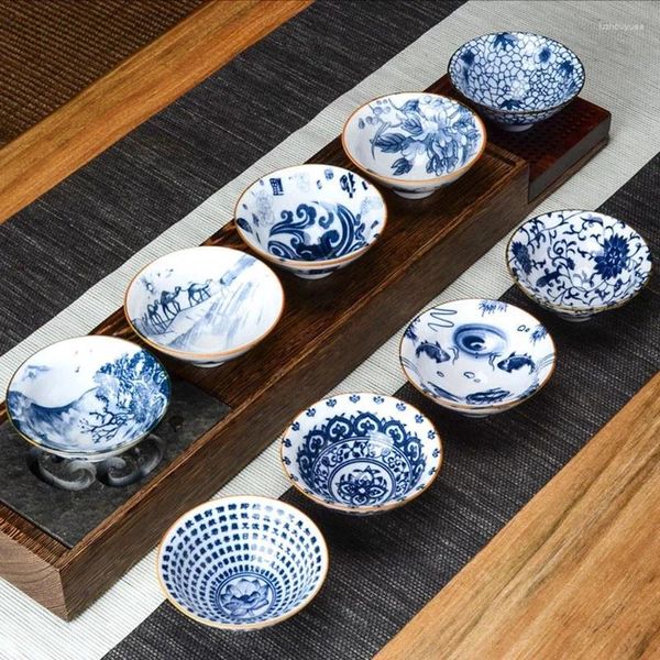 Tasses à thé 1 pièces tasse à thé chinoise en porcelaine bleue et blanche bol en céramique de voyage Anti-calcaire tasse conique peinte à la main ensemble de méditation