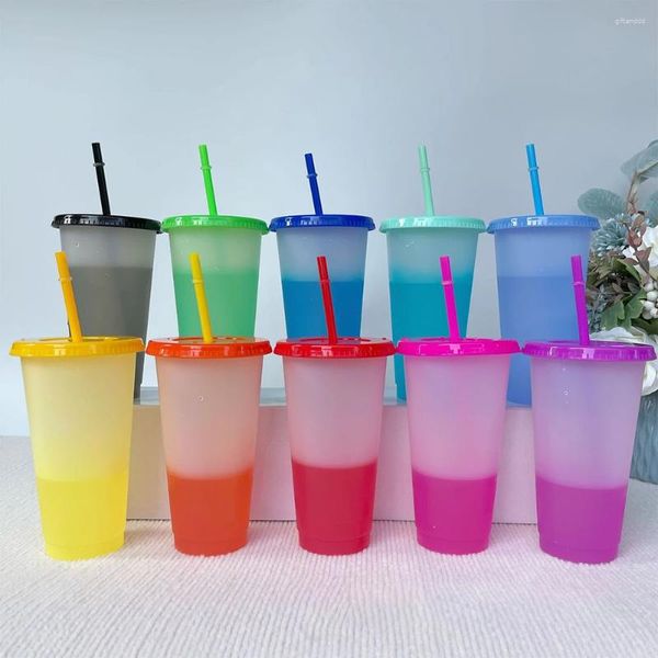 Tazas de té 10 Uds tazas de viaje con tapas pajitas que cambian de Color café helado frío 24 OZ vaso divertido de fiesta para niños adultos