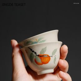 Tazas de té, 1 pieza, Dehua, taza de té de cerámica hecha a mano, patrón de caqui, tazón de una sola taza, accesorios para bebidas de té chino maestro