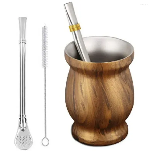 Tasses à thé 230ML 304 en acier inoxydable à double paroi Yerba Mate définit une cuillère de paille brosse en marbre grain de bois tasse anti-brûlure service à thé en plein air