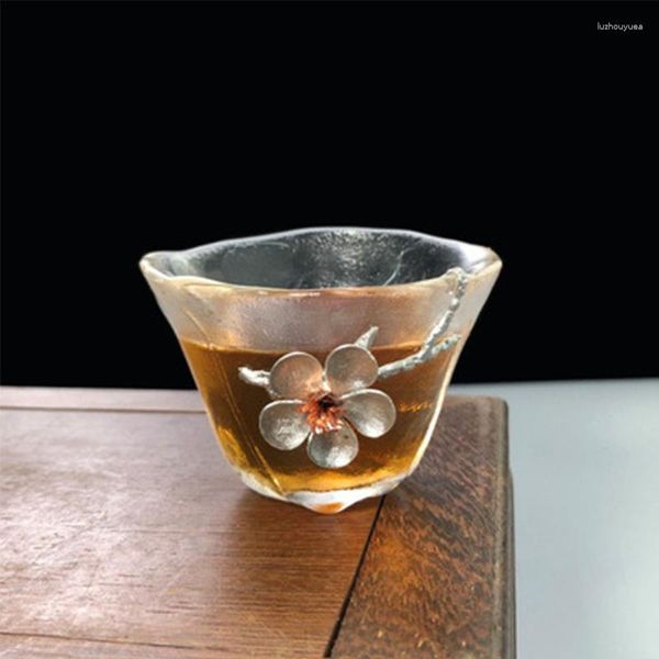 Tasses à thé en verre texturé avec marteau japonais, ensemble résistant à la chaleur, motif rétro incrusté d'argent, 60ml