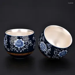 Tasses à thé en argent doré bleu et blanc, tasse de Boutique en céramique faite à la main, bol simple Portable, accessoires de service à thé ménagers