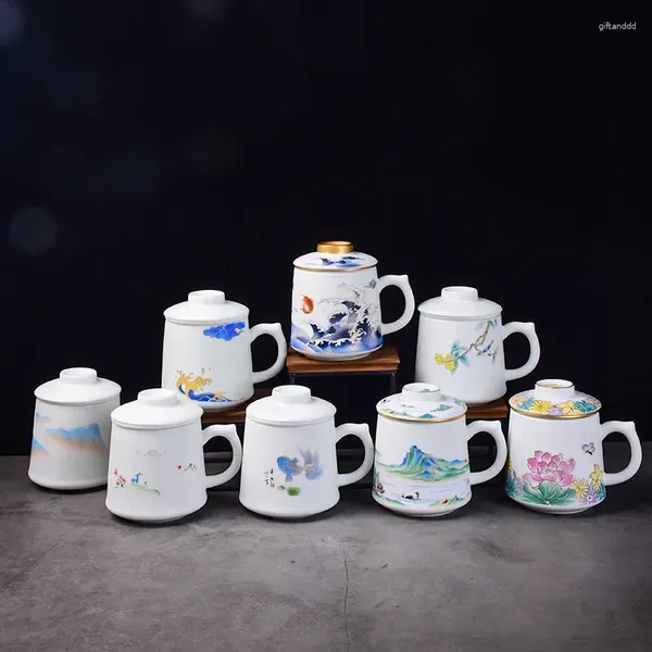 Tazas de té, taza blanca de cerámica, separación de grasa de oveja, cinturón de Jade, filtro, taza de té de oficina, tazas de té pintadas a mano