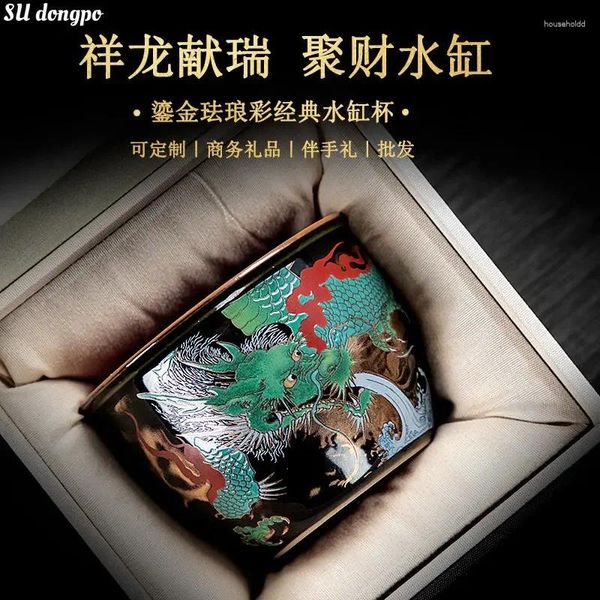 Tasses à thé Dragon vert chinois, en émail filaire, réservoir d'eau Jucai en céramique, bol noir luxueux, cadeaux d'affaires