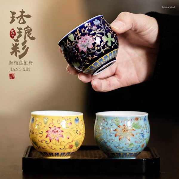 Tasses à thé émail couleur branche de verrouillage Lotus cylindre en céramique tasse à thé tasse à boire chinois rétro ensemble personnel maître