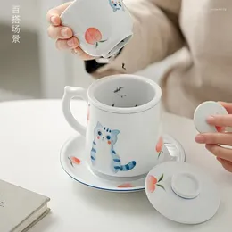 Theekopjes Handgeschilderde kat Keramische brouwkop Koffie met deksel Waterscheiding Kantoor drinkmok