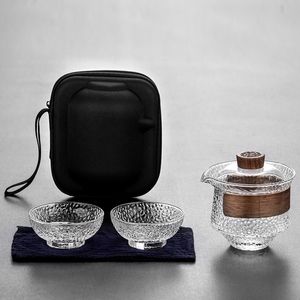 Tasses à thé HMLOVE 3pcs Ensemble de silicone à haute teneur en bore 2 Gaiwan Verre transparent givré Soupière de voyage portable Cérémonie de thé 200 ml 230808