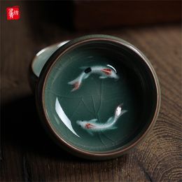 Tazas de té Longquan Celadon Porcelana Tazas de té Tetera china Peces dorados Taza de té Tazón 60 ml Juego de té craquelado Tazas Gota 230919