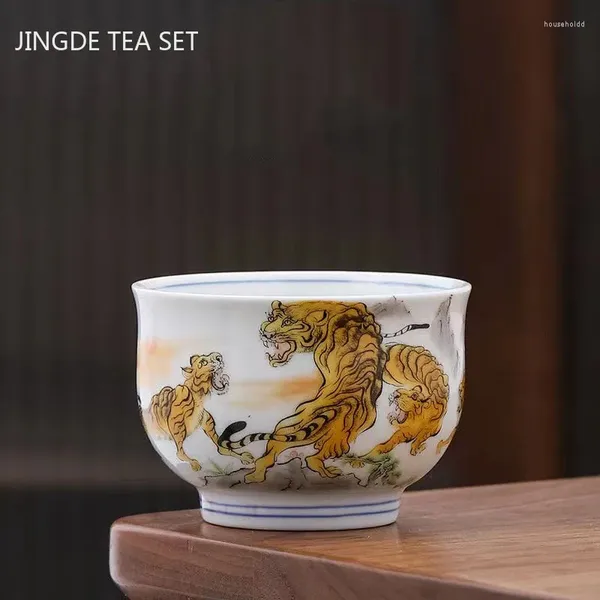Tasses à thé rétro bleu et blanc, neuf tasses de pêche, tigre en céramique, ensemble de porcelaine domestique, tasse à thé faite à la main
